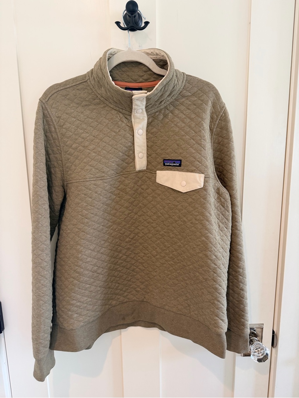Patagonia Organic Cotton Quilt Snap-T Pullover Women’s L olive green and cream